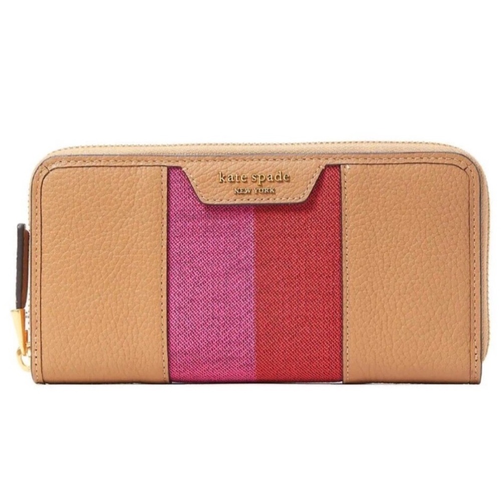 Kate Spade Tan Leather wallet with pink and red center panel
